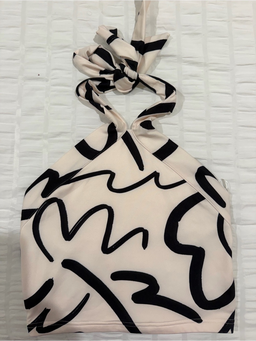 SHEIN Cream Halter Crop Top with Black Abstract Print